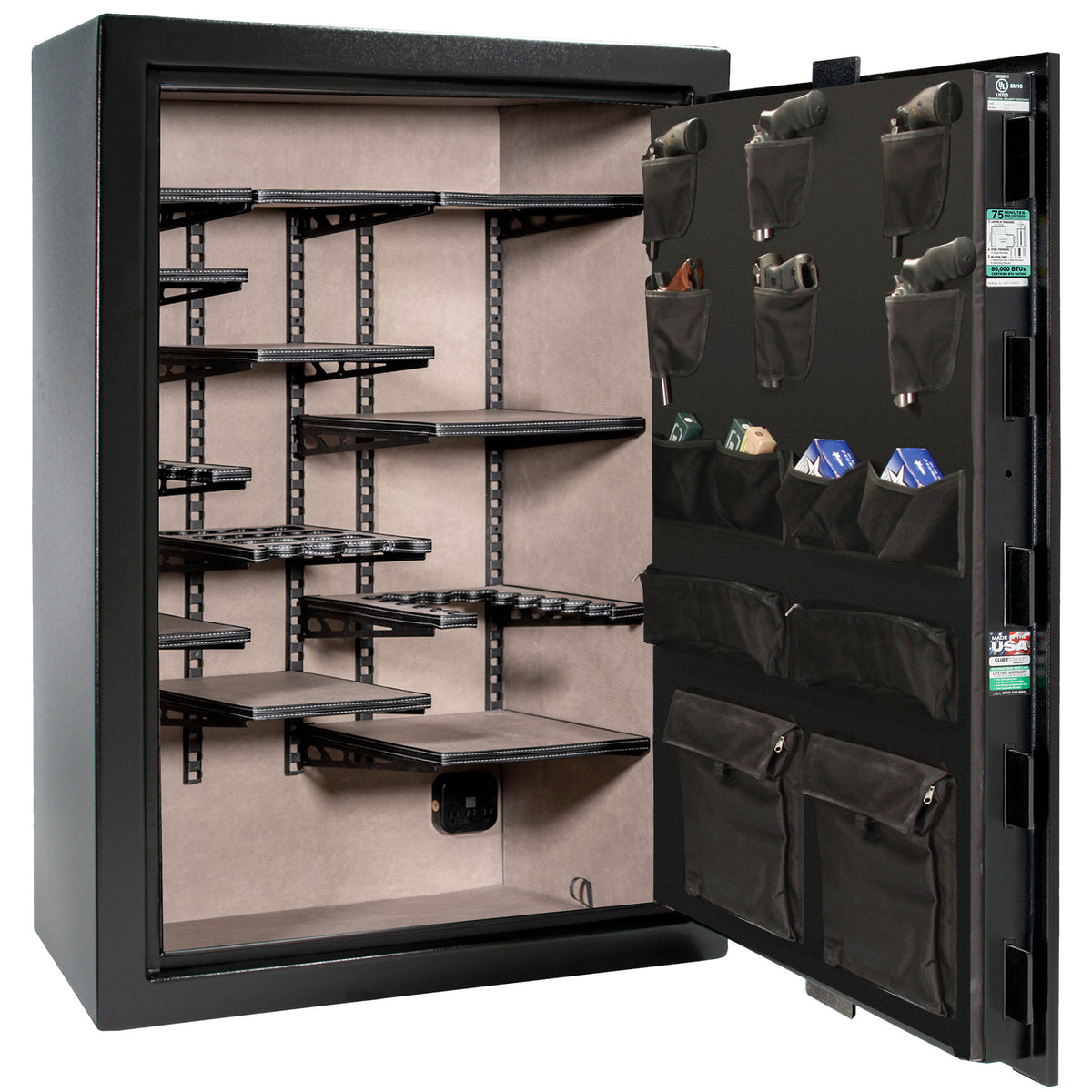 Colonial 35 | Pro Flex Interior | Level 4 Security | 75 Minute Fire Protection | Dimensions: 60.5"(H) x 42"(W) x 22"(D) | Up to 45 Long Guns | Black Gloss | Mechanical Lock - Open