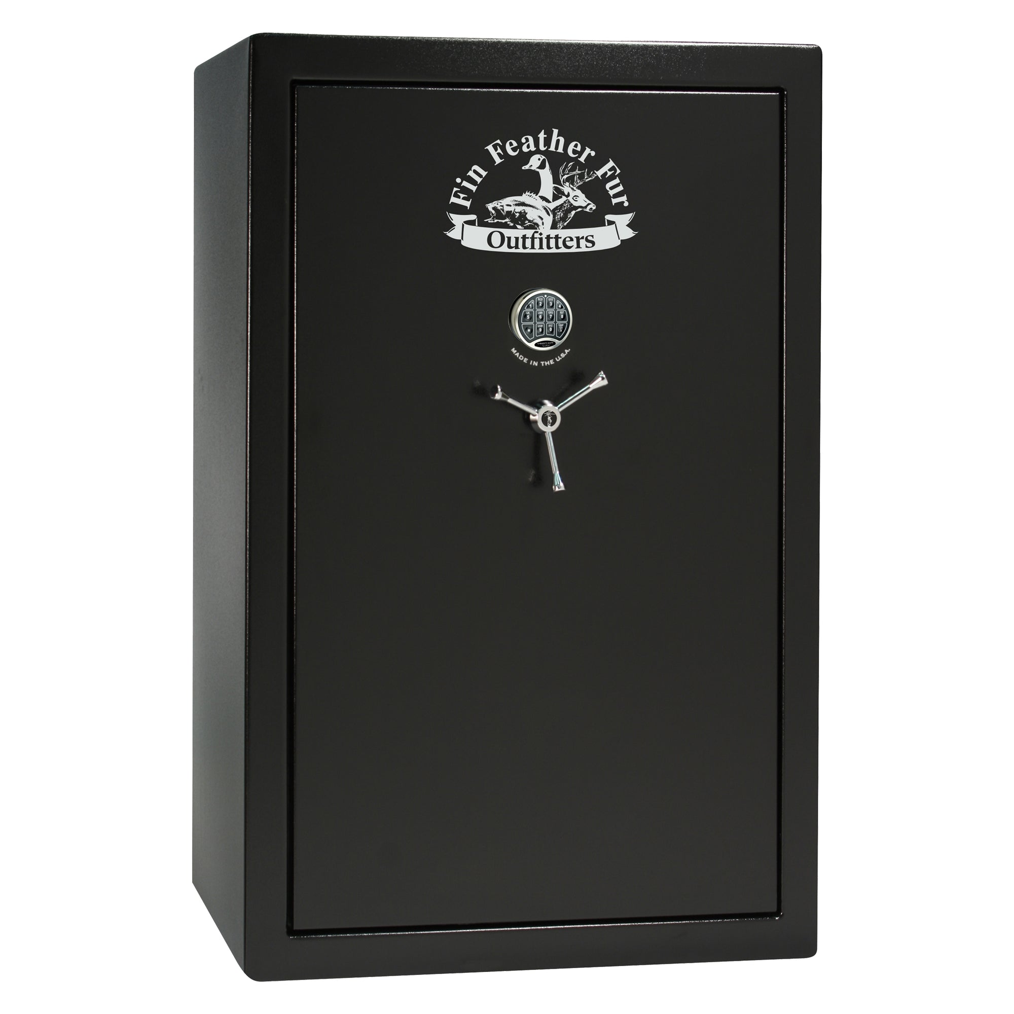 Fin 48 Gun Safe | USA 48 with Fin Logo| Level 3 Security | 60 Minute Fire Rating  | Dimensions: 60.5"(H) x 42"(W) x 22"(D) | Black Textured | Chrome Electronic Lock - Closed