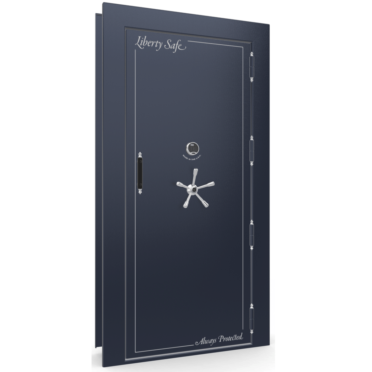Vault Door Right Outswing | Blue Gloss | Chrome Electronic Lock | 81-85&quot;(H) x 27-42&quot;(W) x 7-10&quot;(D)